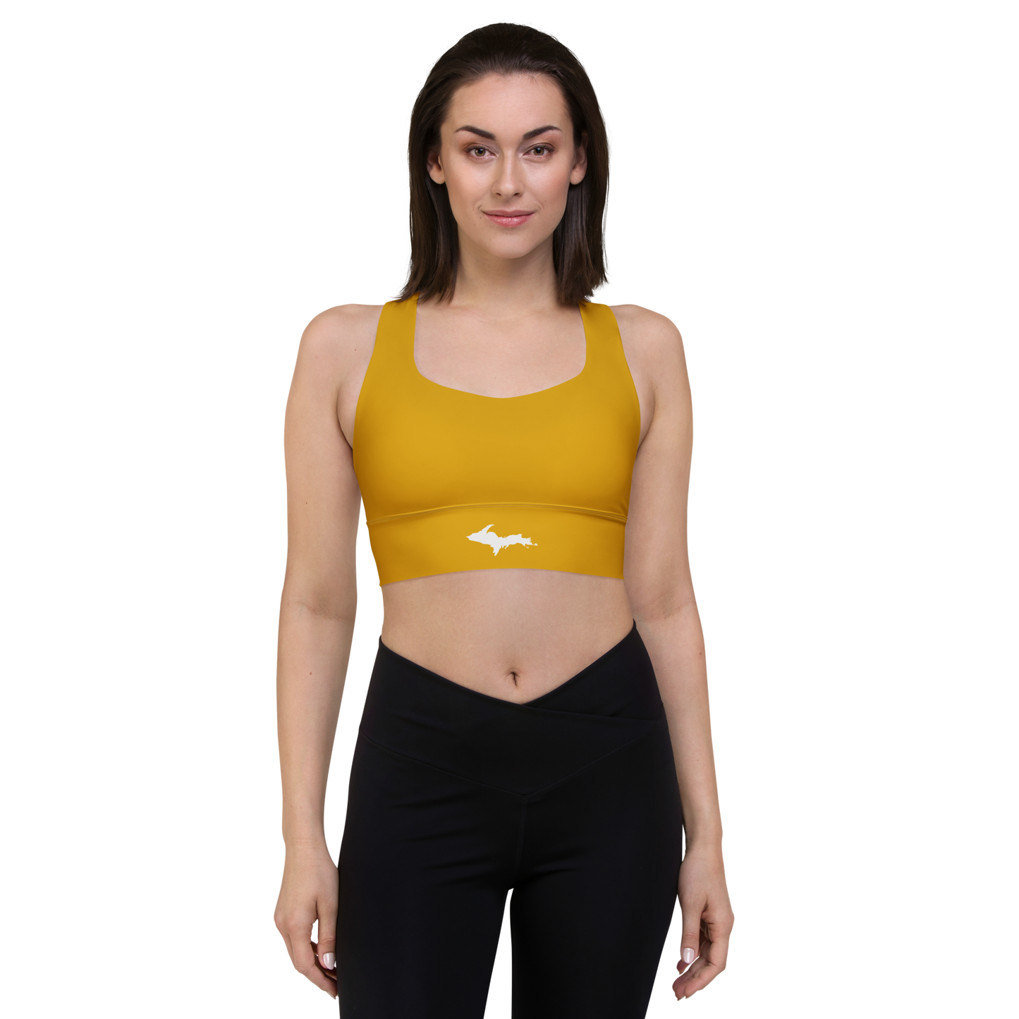 Michigan Upper Peninsula Longline Sports Bra (w/ UP Outline) | Gold