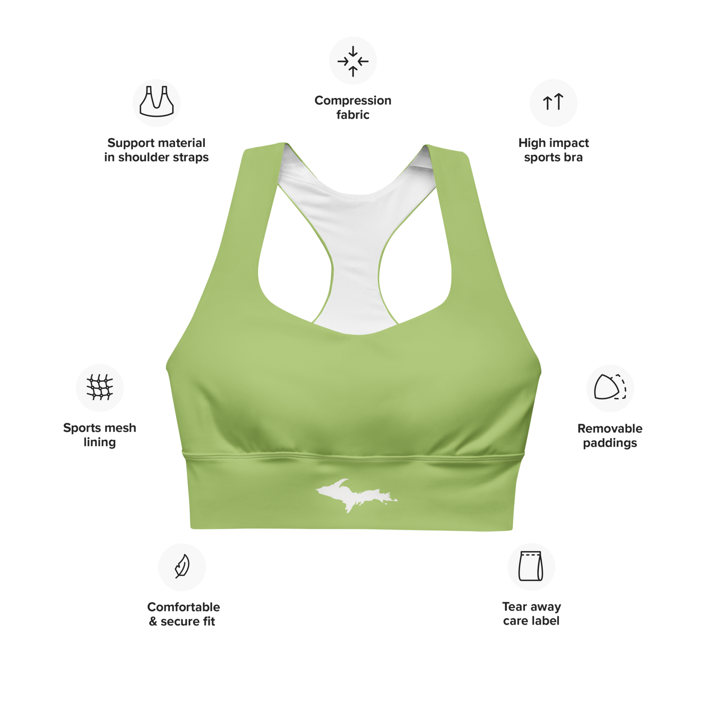 Michigan Upper Peninsula Longline Sports Bra (w/ UP Outline) | Gooseberry Green