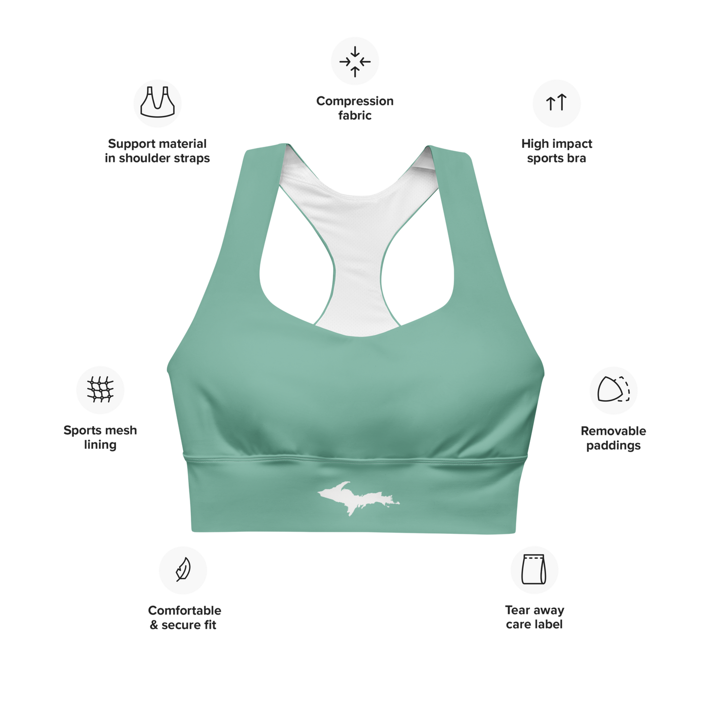 Michigan Upper Peninsula Longline Sports Bra (w/ UP Outline) | Tea Green