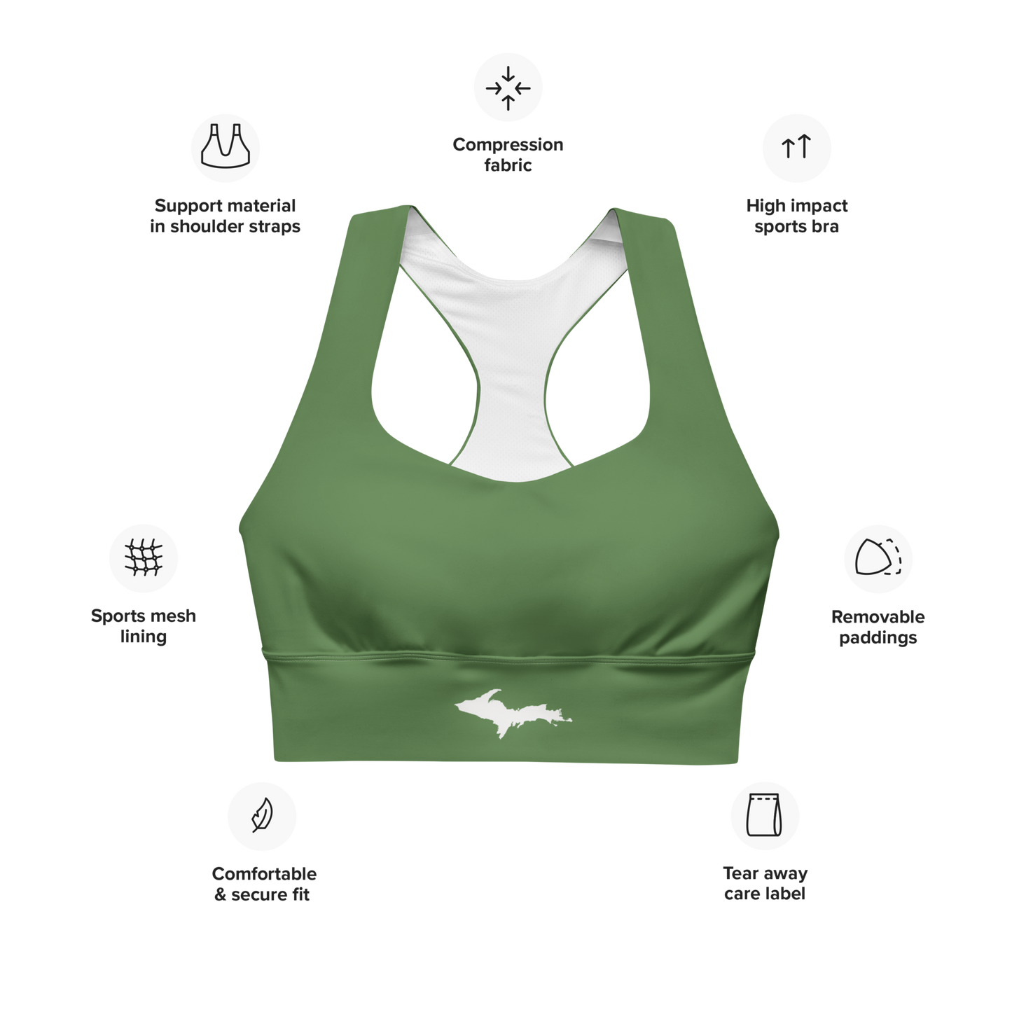 Michigan Upper Peninsula Longline Sports Bra (w/ UP Outline) | Army Green