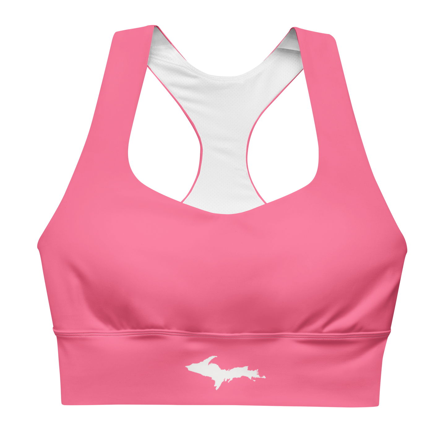 Michigan Upper Peninsula Longline Sports Bra (w/ UP Outline) | Rhodochrosite Pink