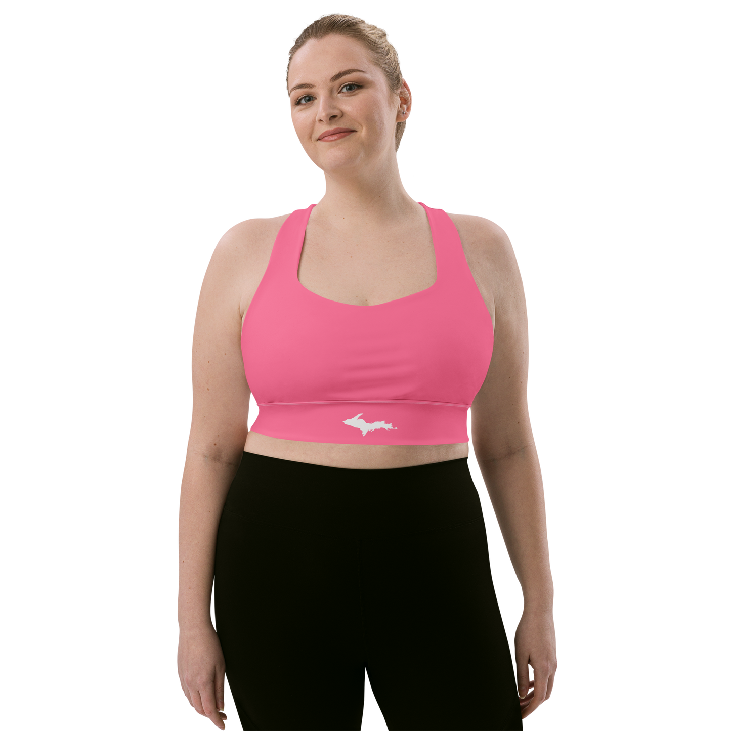 Michigan Upper Peninsula Longline Sports Bra (w/ UP Outline) | Rhodochrosite Pink