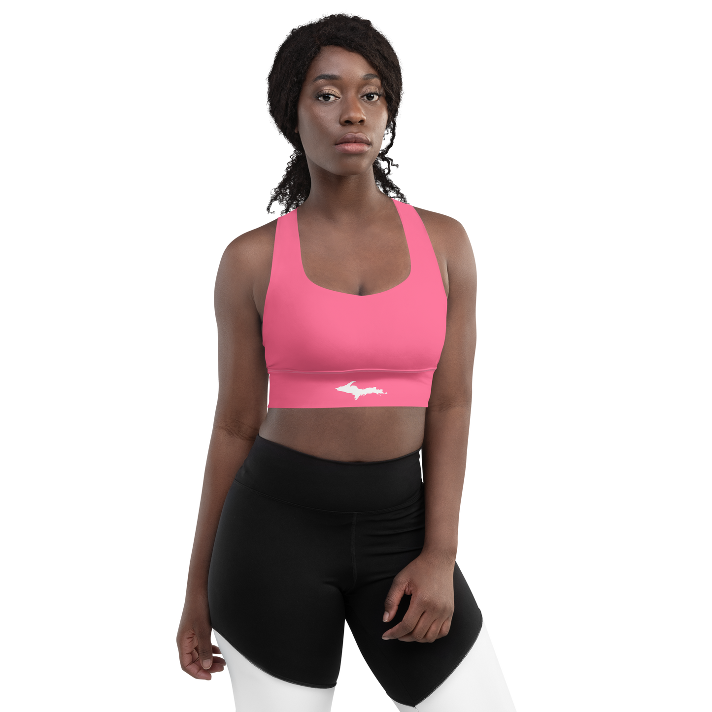 Michigan Upper Peninsula Longline Sports Bra (w/ UP Outline) | Rhodochrosite Pink