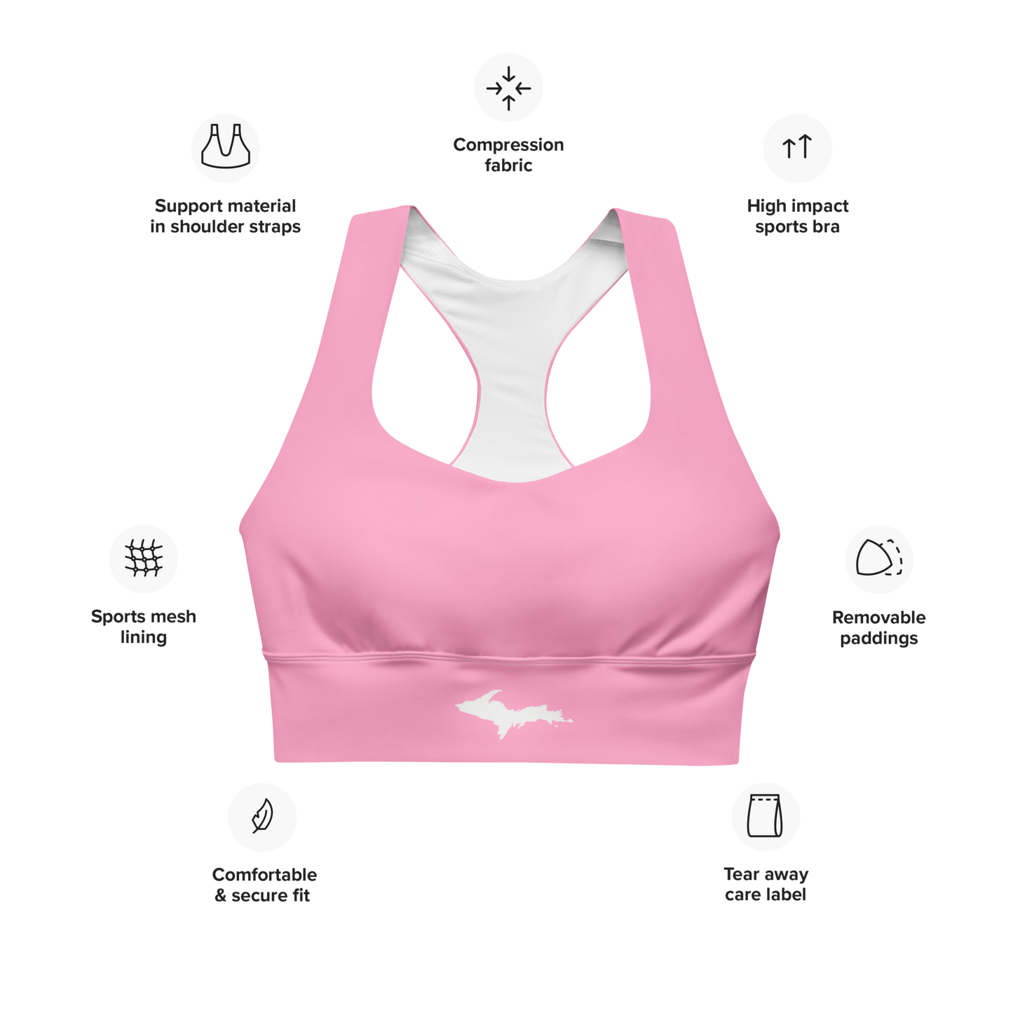 Michigan Upper Peninsula Longline Sports Bra (w/ UP Outline) | '67 Caddie Pink