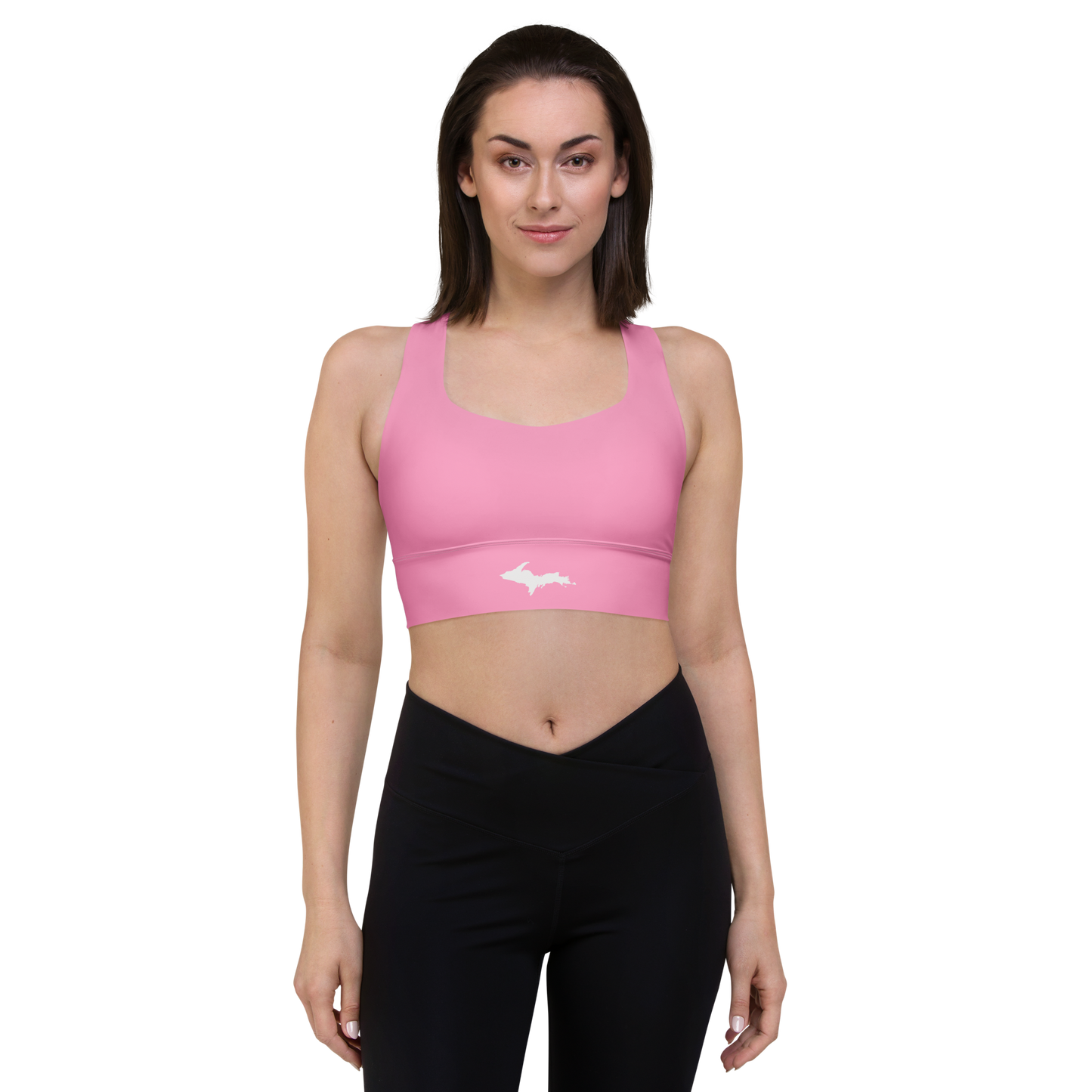 Michigan Upper Peninsula Longline Sports Bra (w/ UP Outline) | '67 Caddie Pink