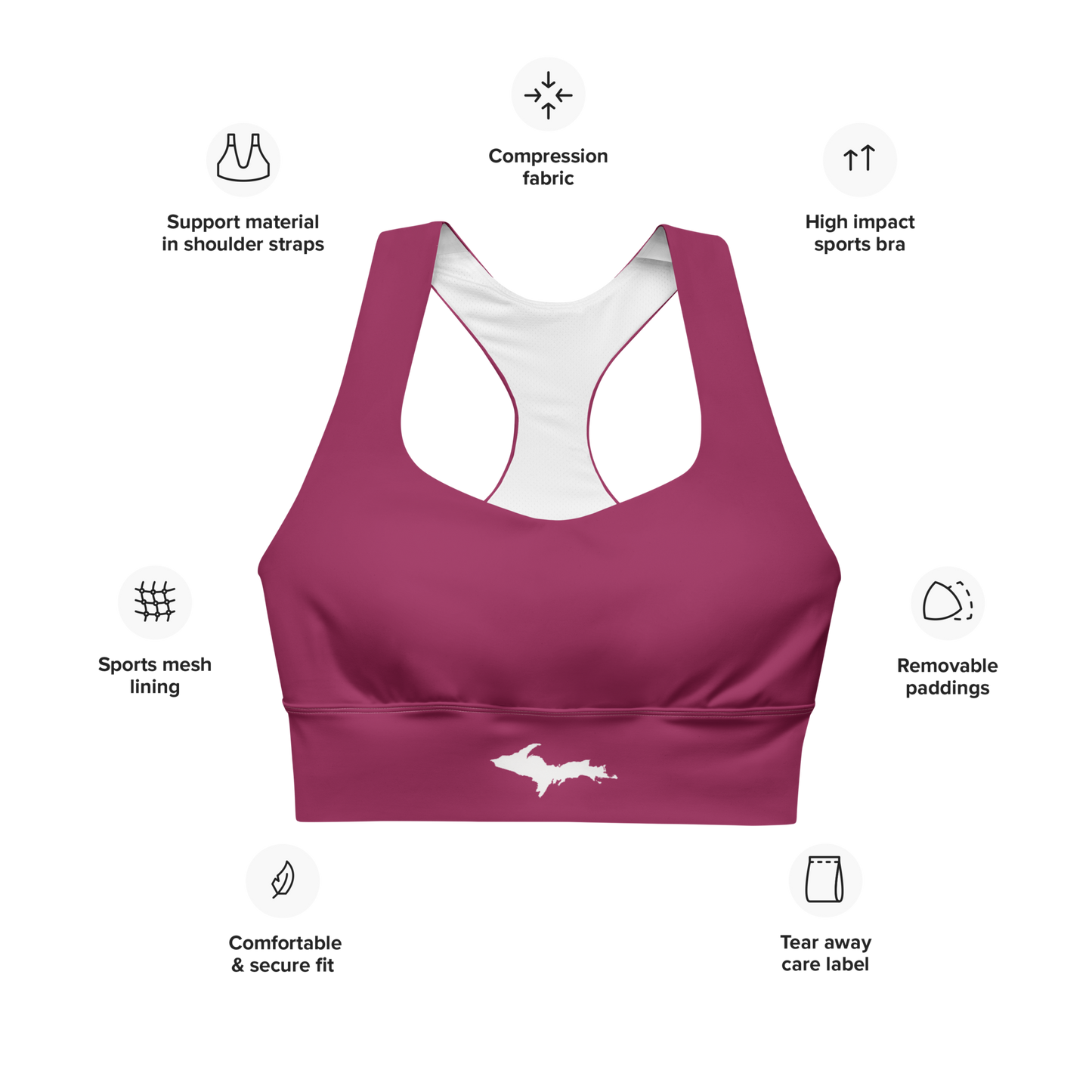 Michigan Upper Peninsula Longline Sports Bra (w/ UP Outline) | Ruby Red