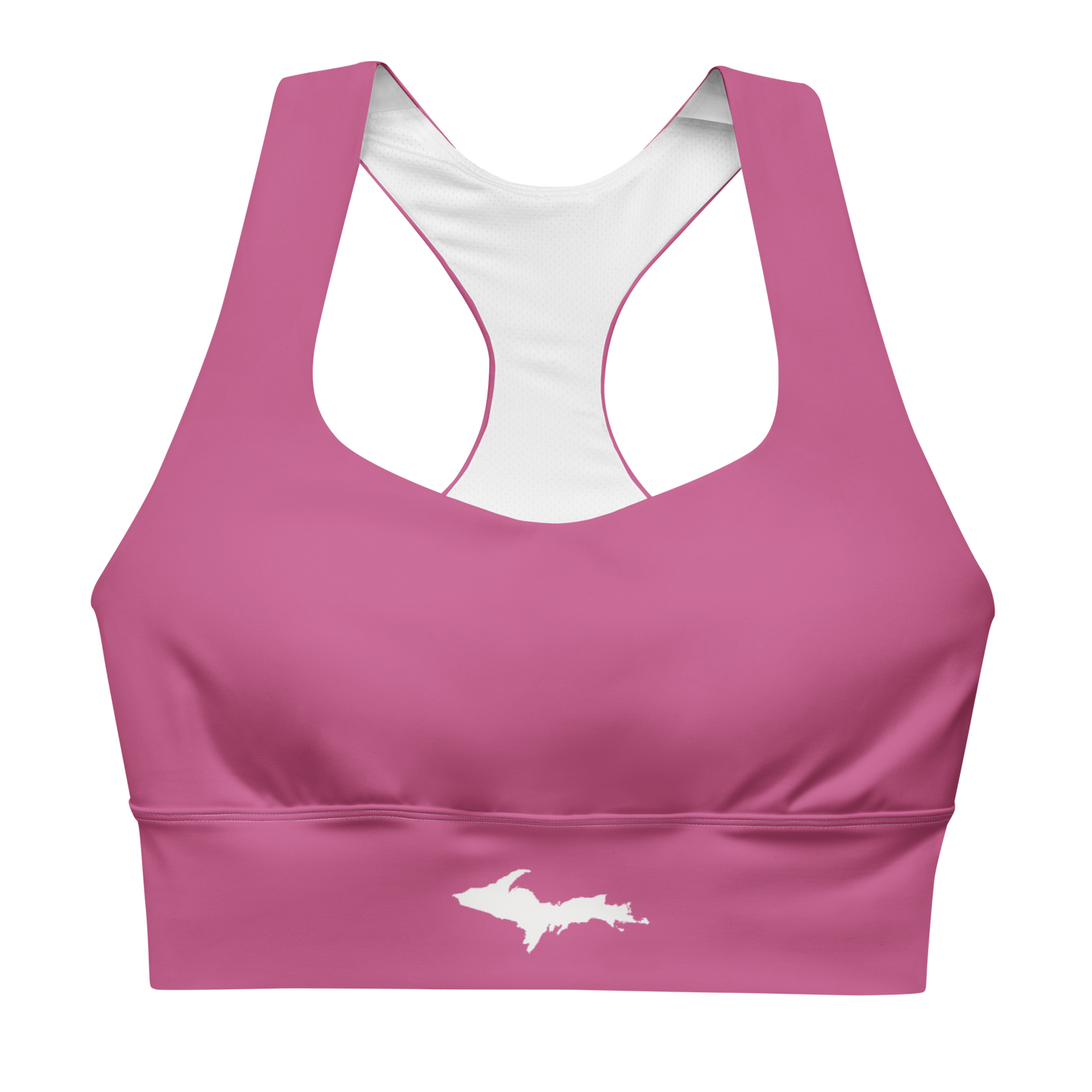 Michigan Upper Peninsula Longline Sports Bra (w/ UP Outline) | Apple Blossom Pink