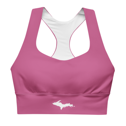 Michigan Upper Peninsula Longline Sports Bra (w/ UP Outline) | Apple Blossom Pink