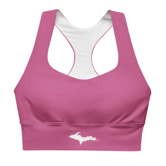 Michigan Upper Peninsula Longline Sports Bra (w/ UP Outline) | Apple Blossom Pink