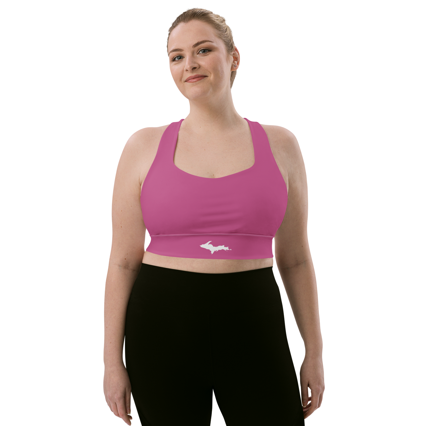 Michigan Upper Peninsula Longline Sports Bra (w/ UP Outline) | Apple Blossom Pink