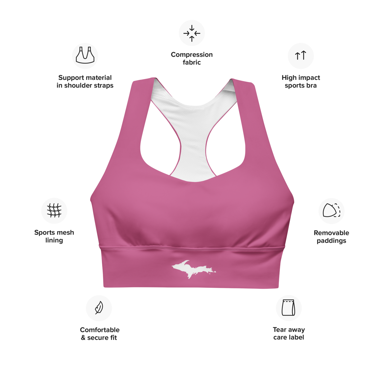 Michigan Upper Peninsula Longline Sports Bra (w/ UP Outline) | Apple Blossom Pink