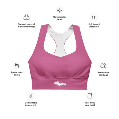 Michigan Upper Peninsula Longline Sports Bra (w/ UP Outline) | Apple Blossom Pink