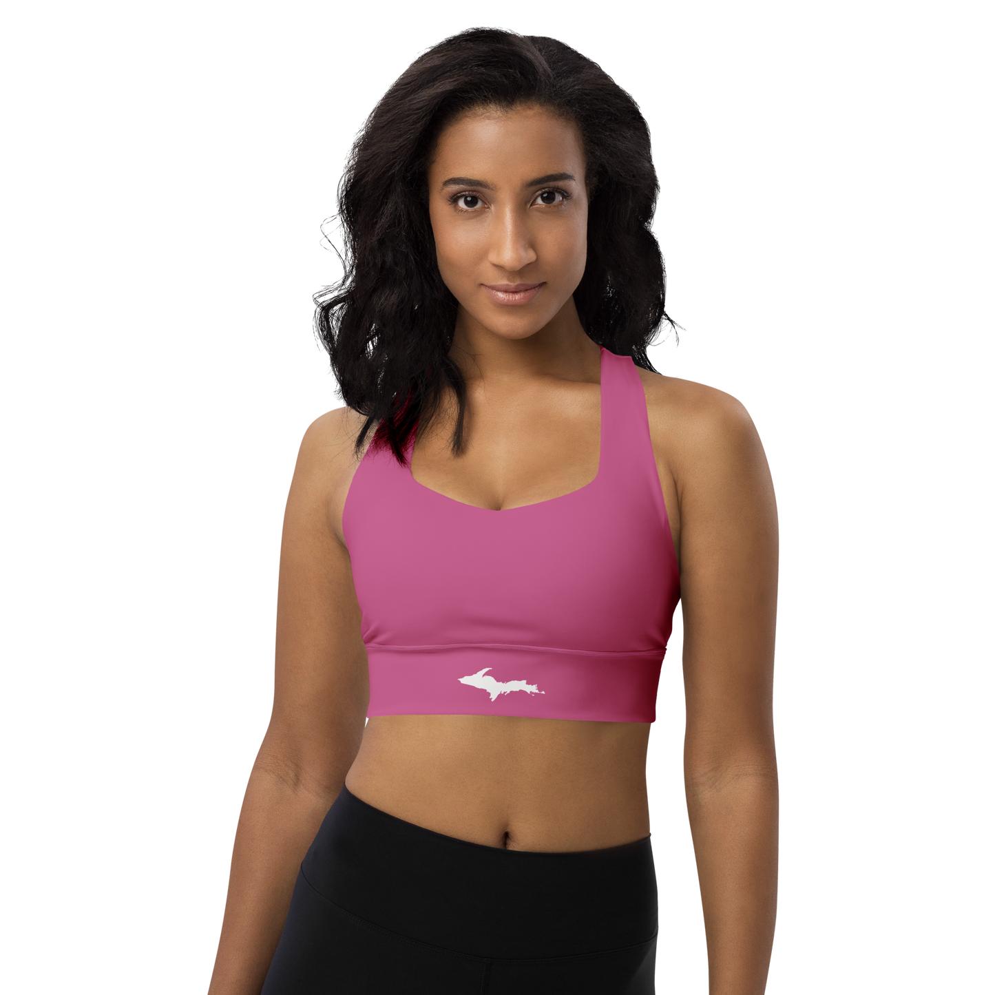 Michigan Upper Peninsula Longline Sports Bra (w/ UP Outline) | Apple Blossom Pink