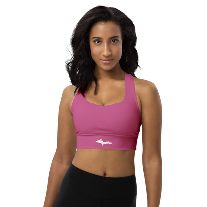 Michigan Upper Peninsula Longline Sports Bra (w/ UP Outline) | Apple Blossom Pink