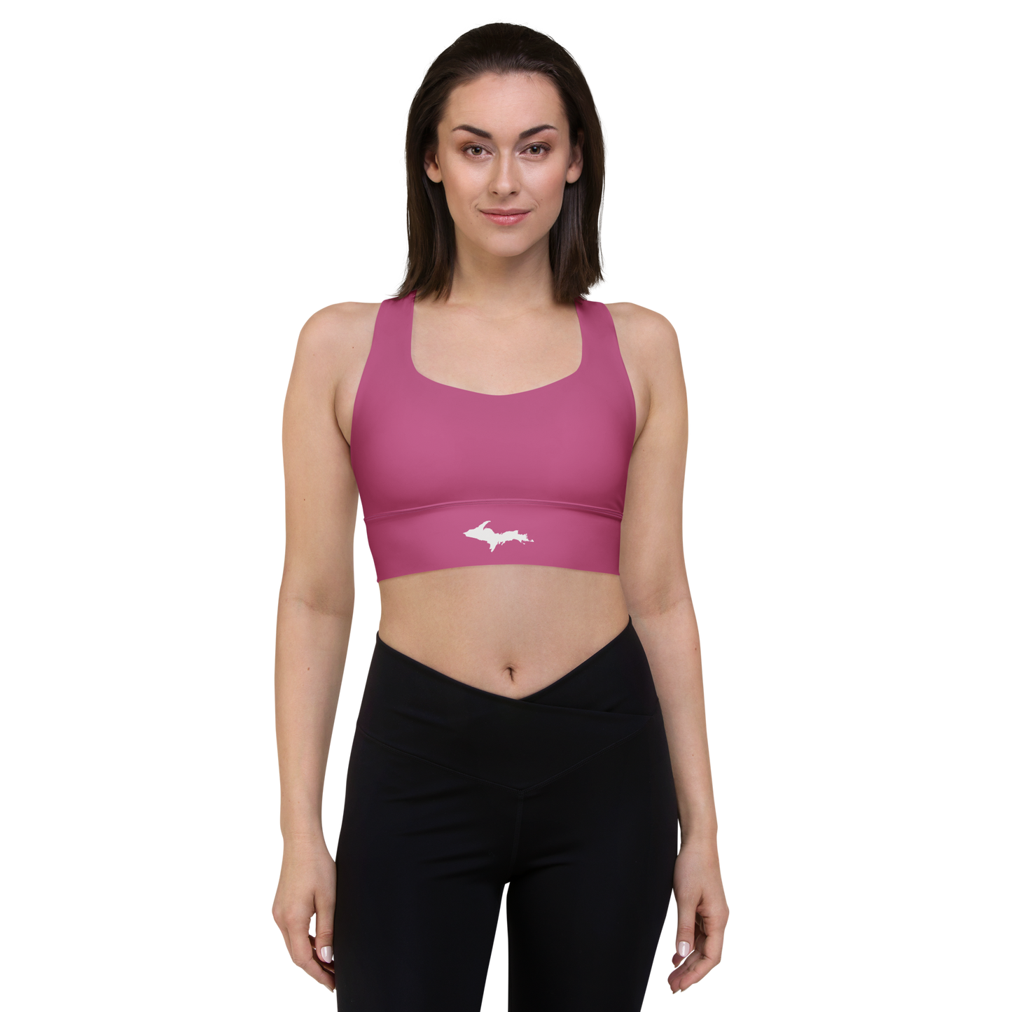 Michigan Upper Peninsula Longline Sports Bra (w/ UP Outline) | Apple Blossom Pink