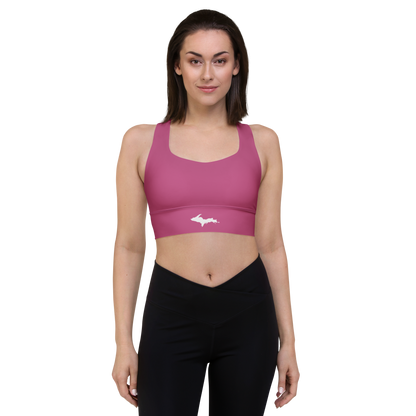 Michigan Upper Peninsula Longline Sports Bra (w/ UP Outline) | Apple Blossom Pink