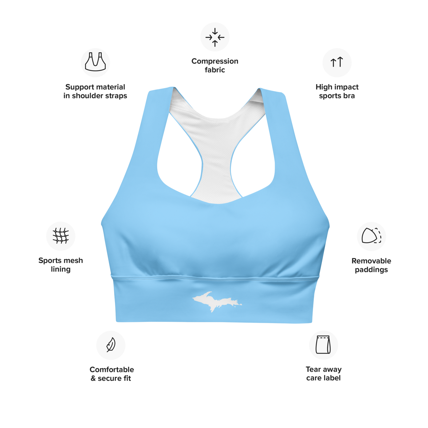 Michigan Upper Peninsula Longline Sports Bra (w/ UP Outline) | DTW Blue