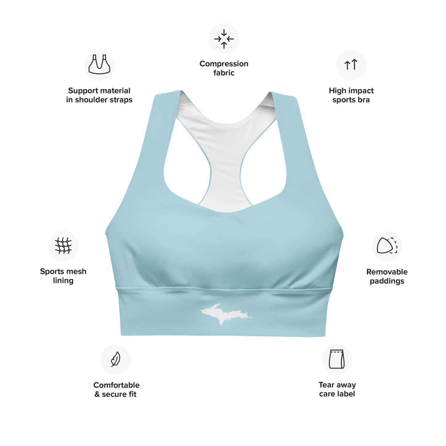 Michigan Upper Peninsula Longline Sports Bra (w/ UP Outline) | '58 Caddie Blue