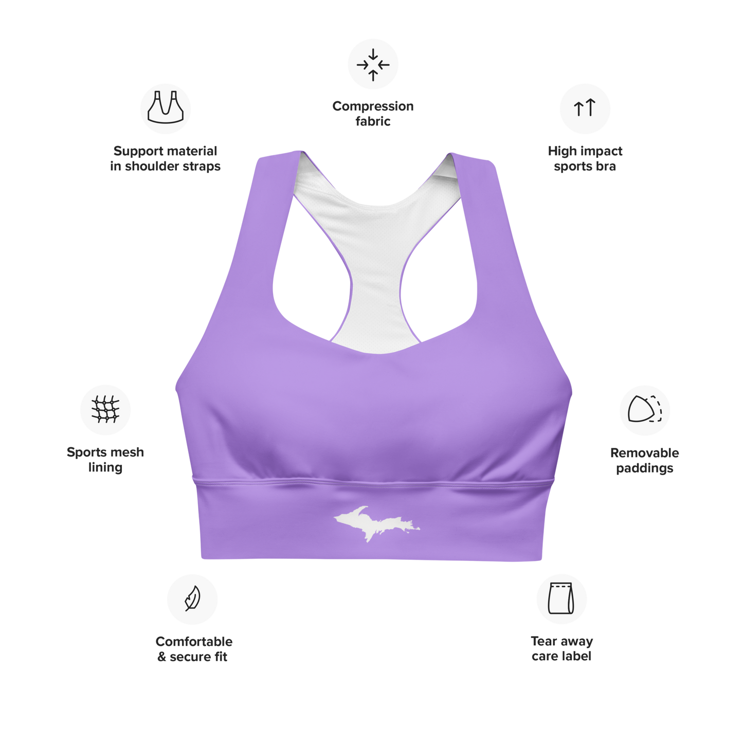 Michigan Upper Peninsula Longline Sports Bra (w/ UP Outline) | Lavender