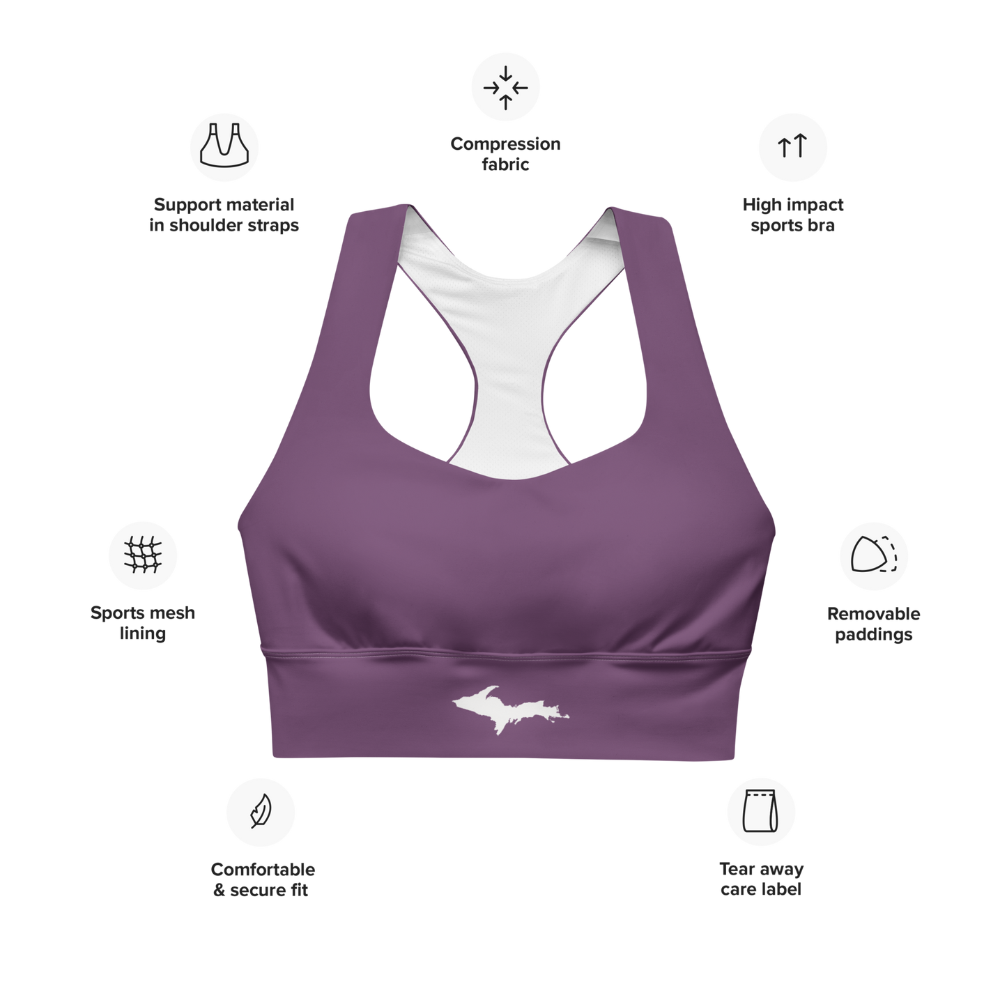 Michigan Upper Peninsula Longline Sports Bra (w/ UP Outline) | Plum