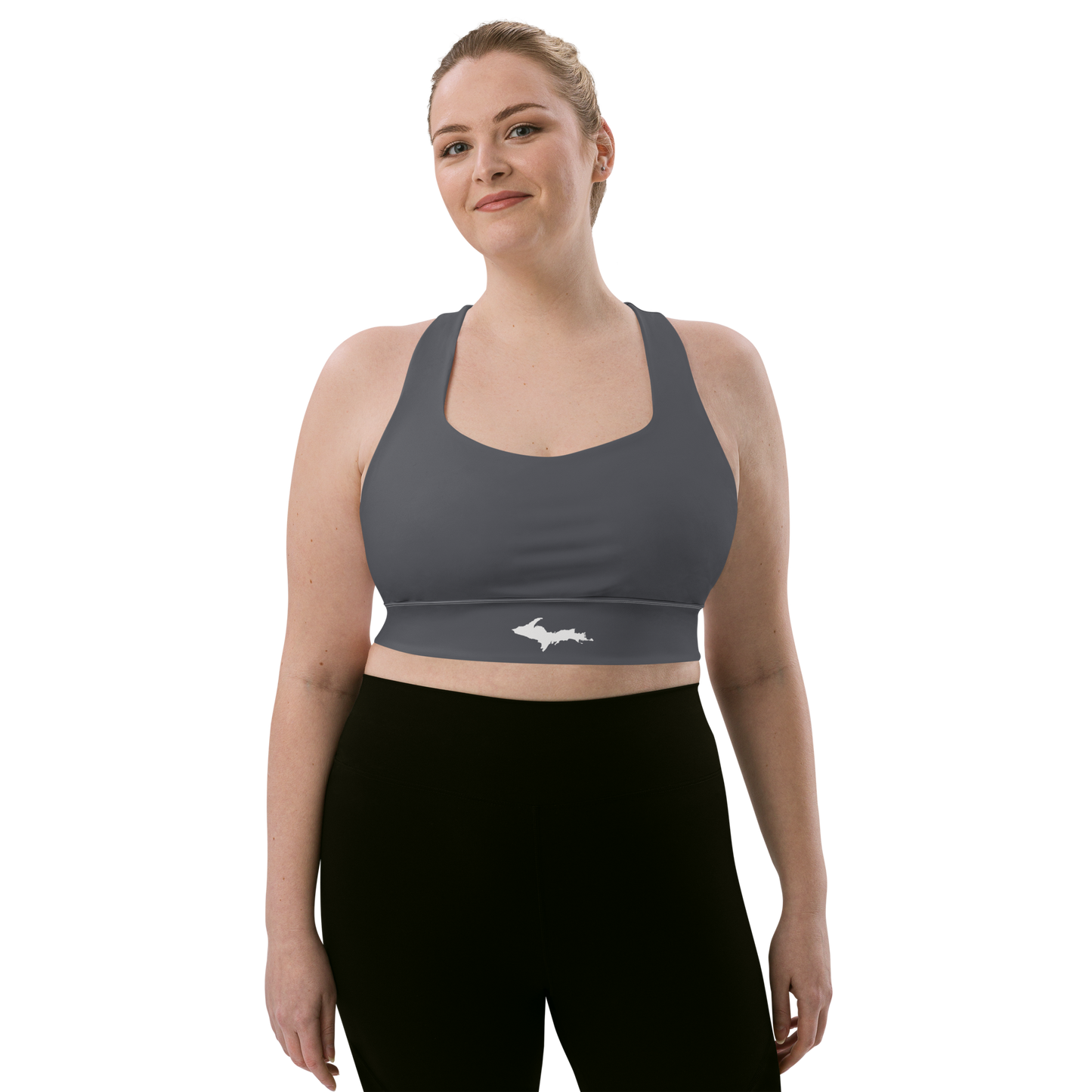 Michigan Upper Peninsula Longline Sports Bra (w/ UP Outline) | Iron Ore Grey