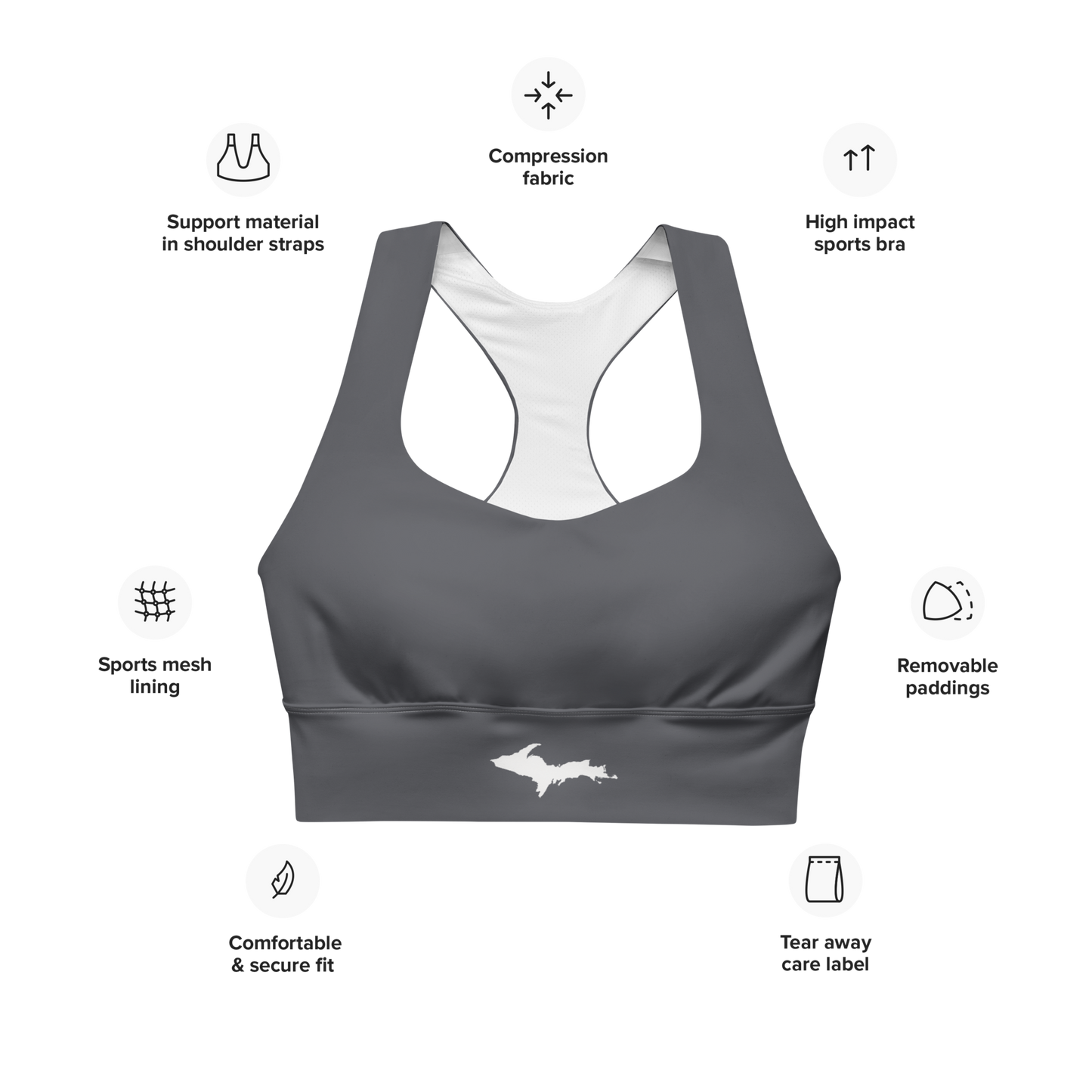 Michigan Upper Peninsula Longline Sports Bra (w/ UP Outline) | Iron Ore Grey