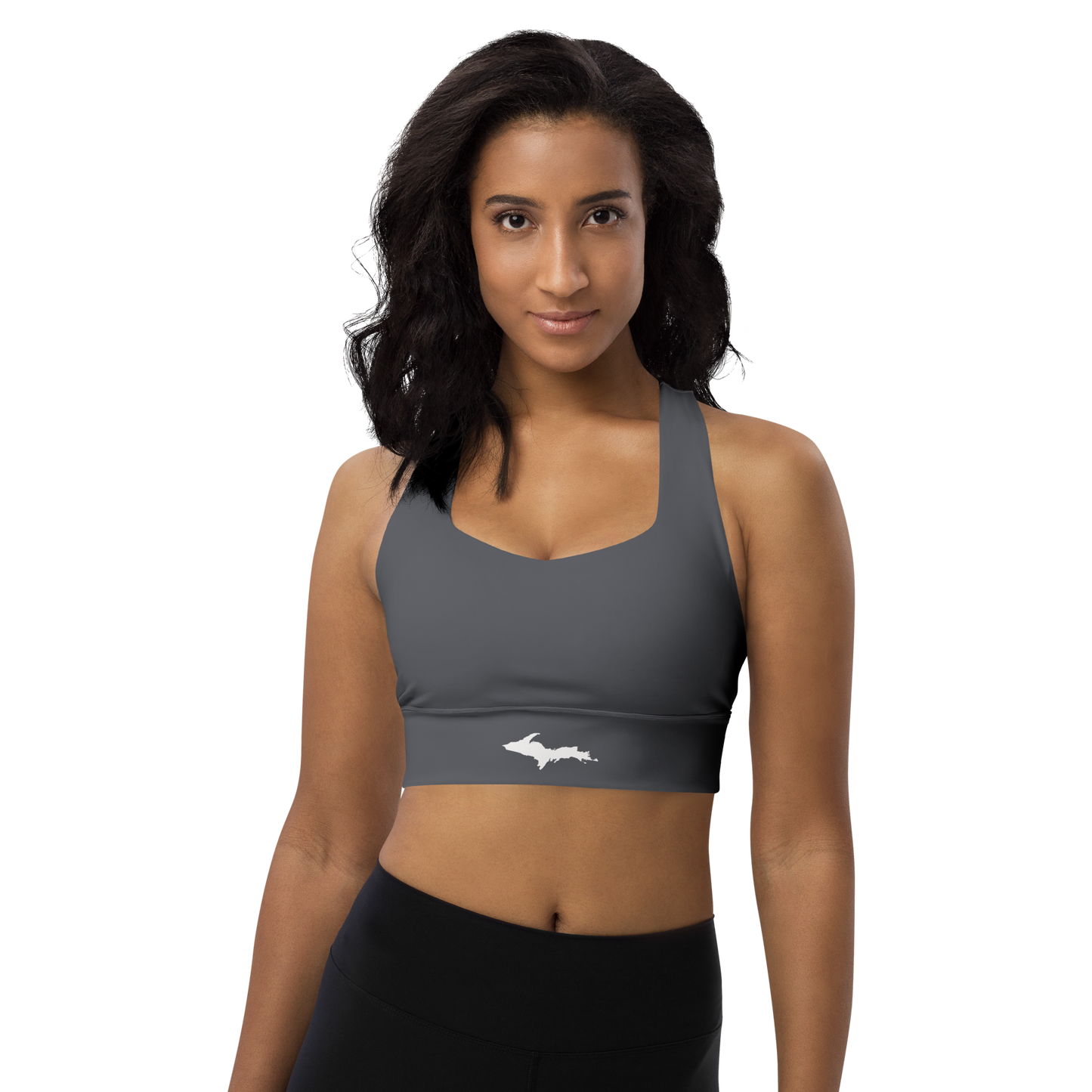 Michigan Upper Peninsula Longline Sports Bra (w/ UP Outline) | Iron Ore Grey