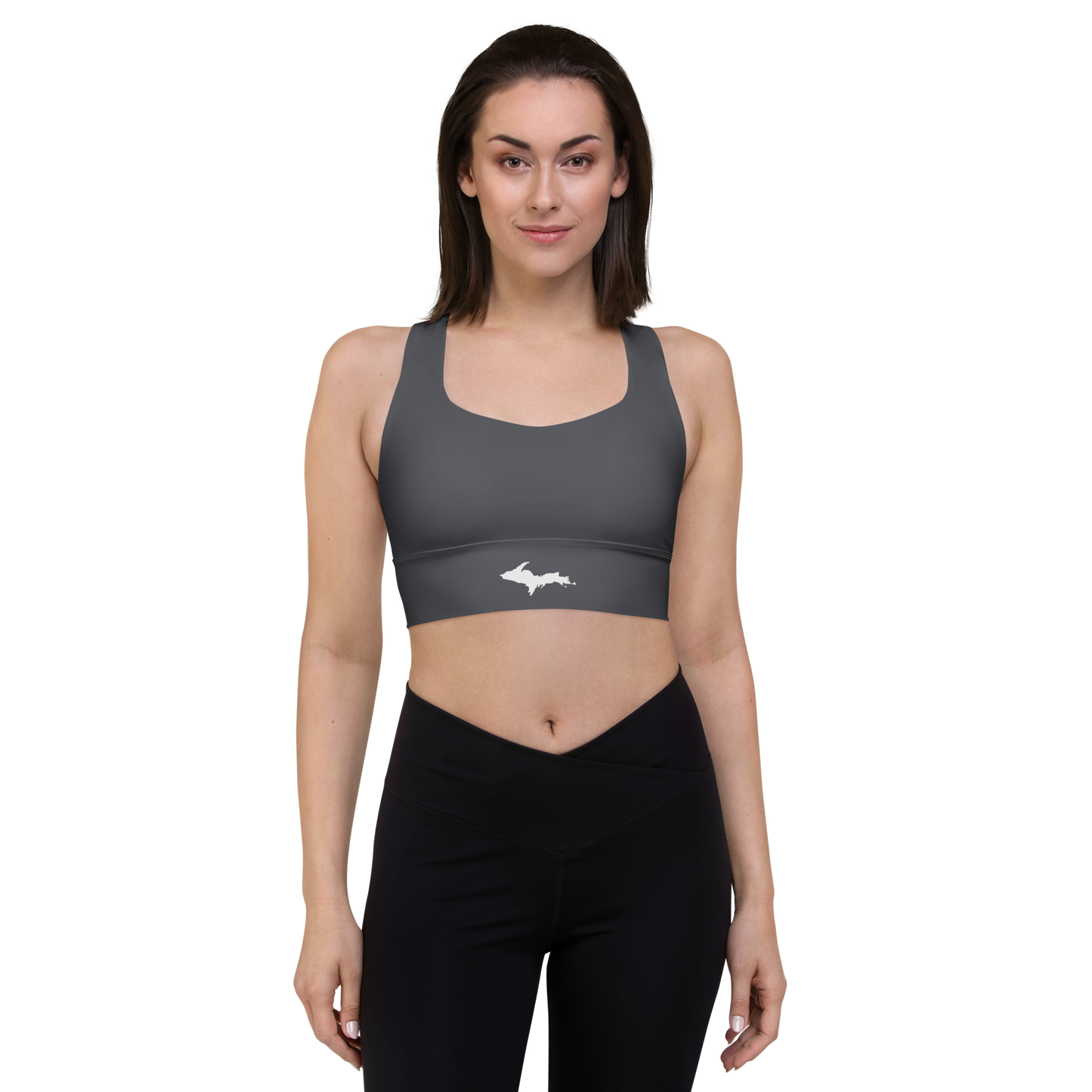 Michigan Upper Peninsula Longline Sports Bra (w/ UP Outline) | Iron Ore Grey