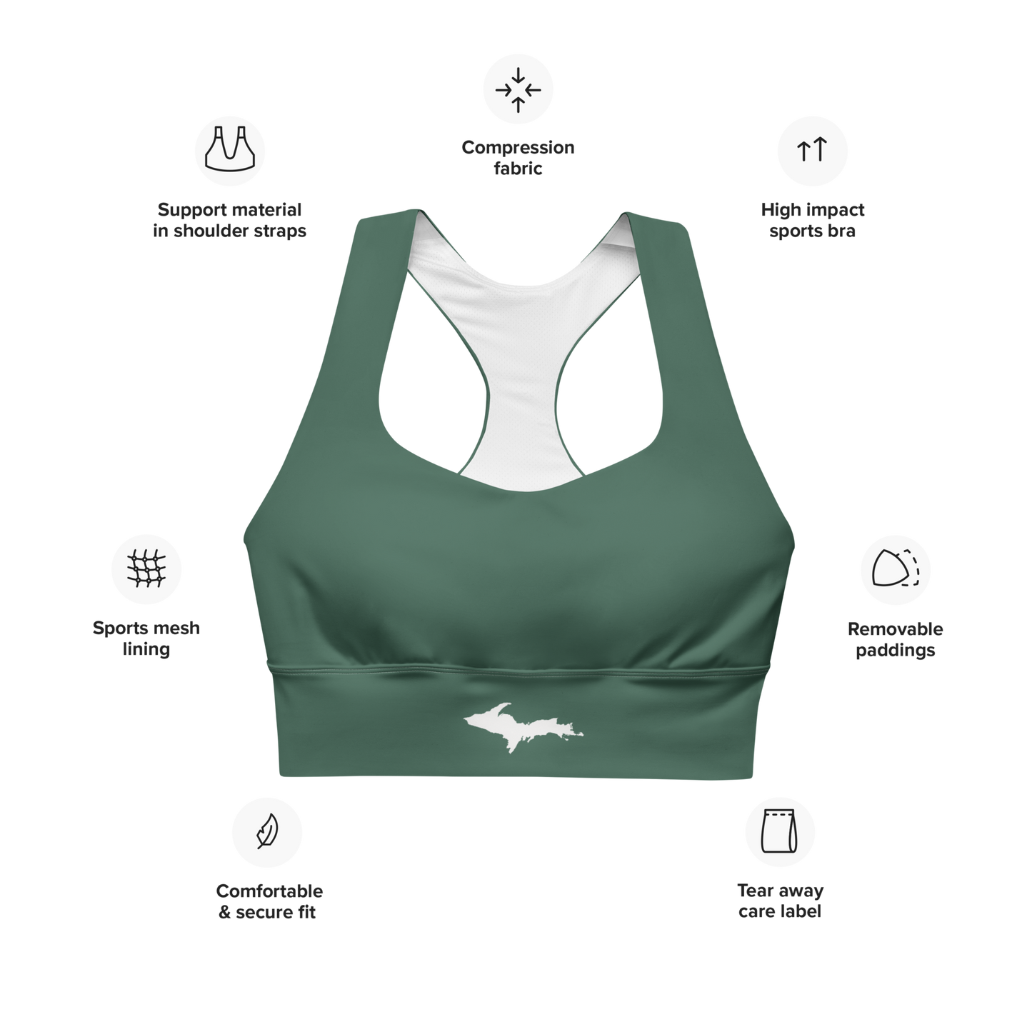 Michigan Upper Peninsula Longline Sports Bra (w/ UP Outline) | Ginger Ale Green