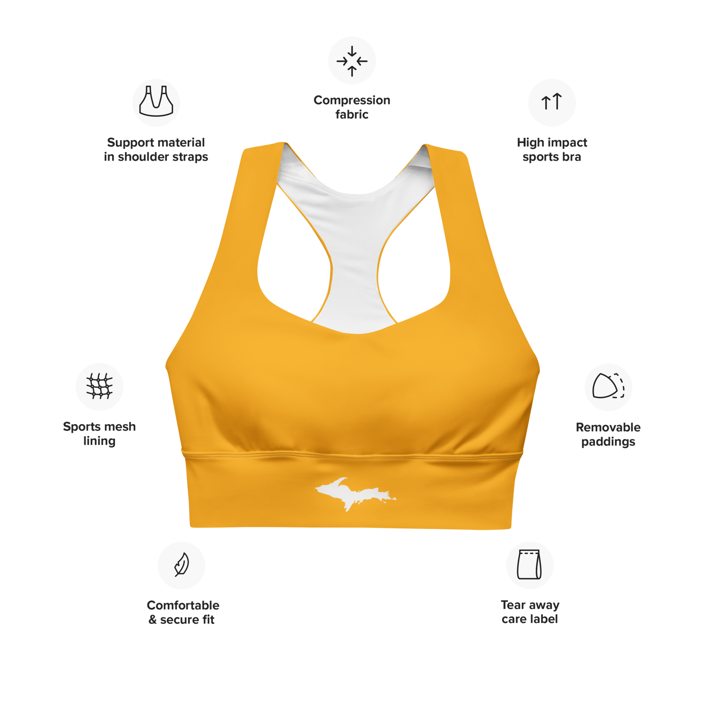 Michigan Upper Peninsula Longline Sports Bra (w/ UP Outline) | Birch Leaf Orange