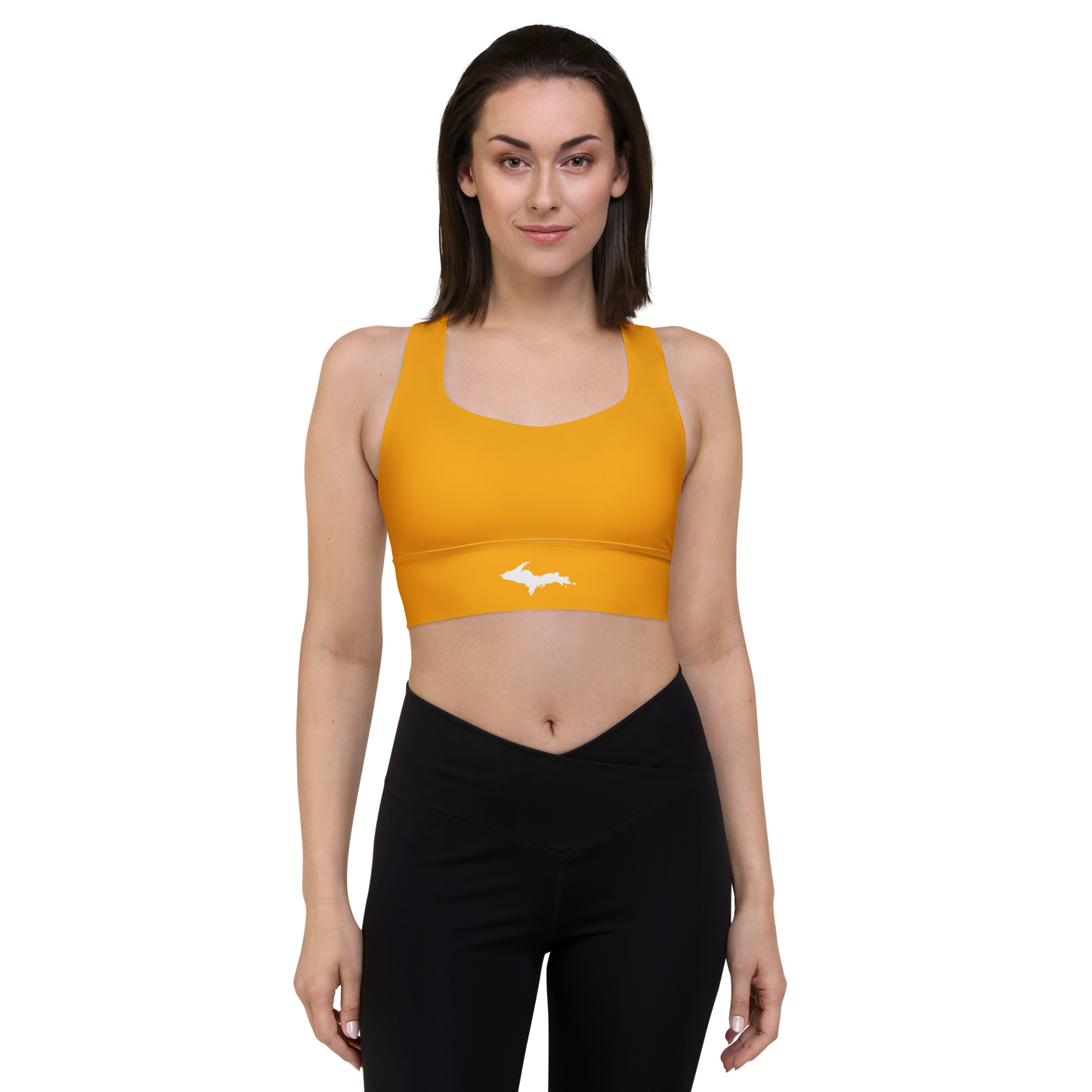 Michigan Upper Peninsula Longline Sports Bra (w/ UP Outline) | Birch Leaf Orange