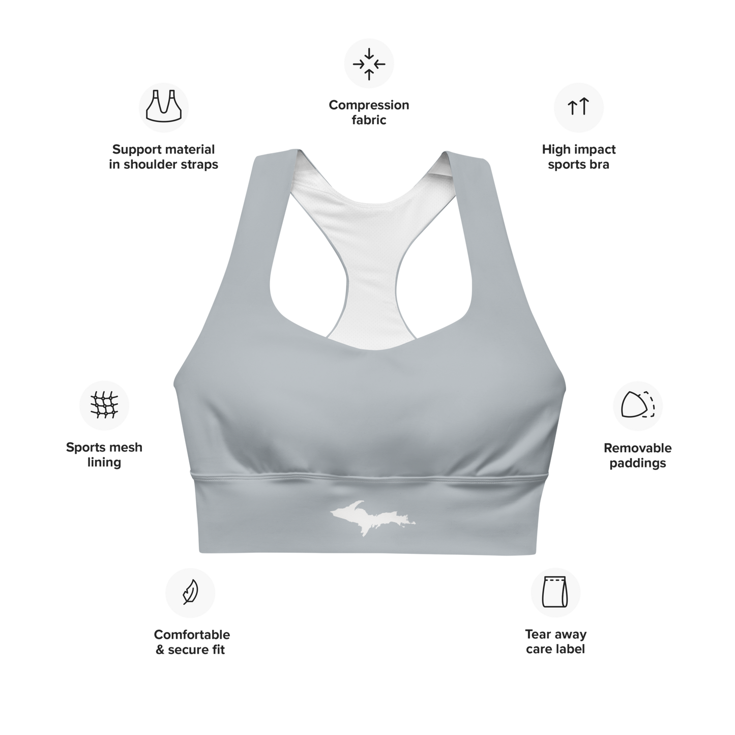 Michigan Upper Peninsula Longline Sports Bra (w/ UP Outline) | Silver