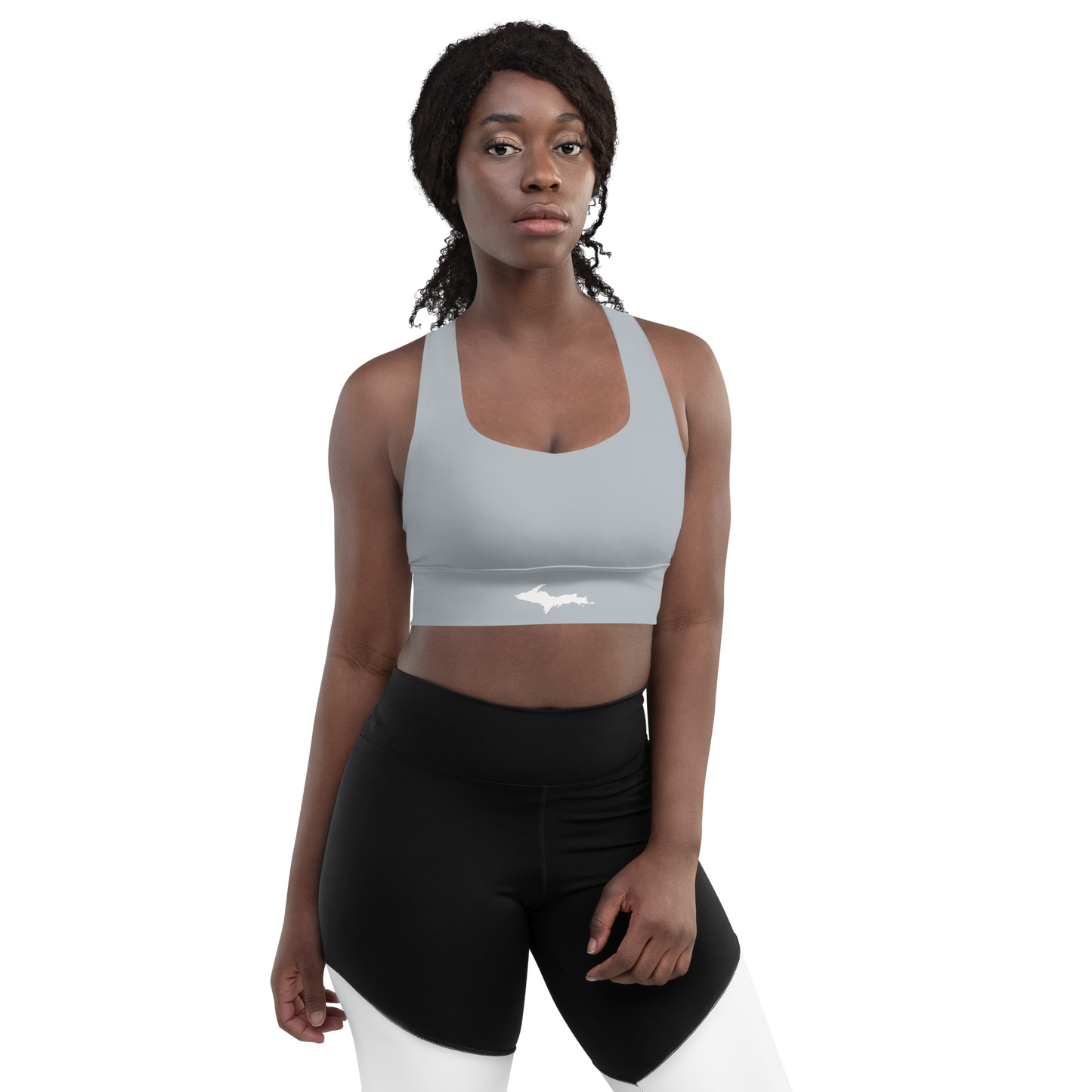 Michigan Upper Peninsula Longline Sports Bra (w/ UP Outline) | Silver