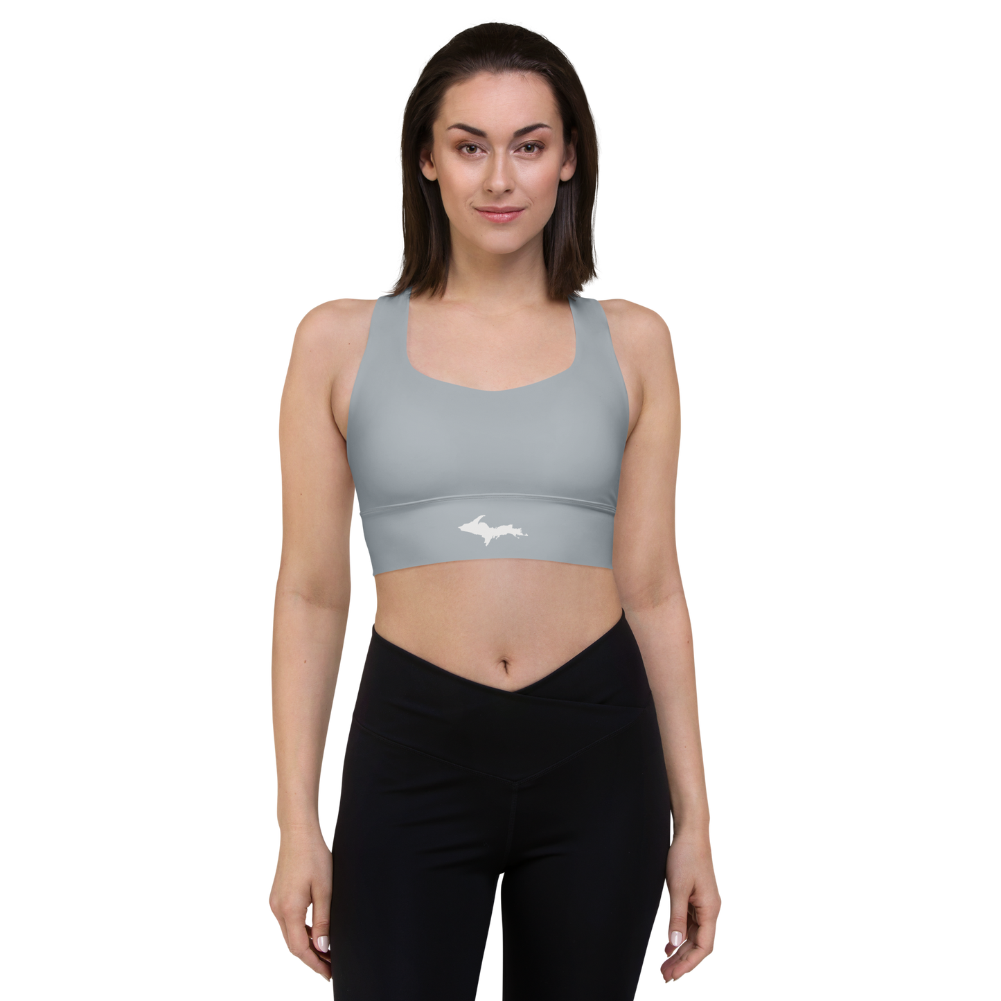 Michigan Upper Peninsula Longline Sports Bra (w/ UP Outline) | Silver