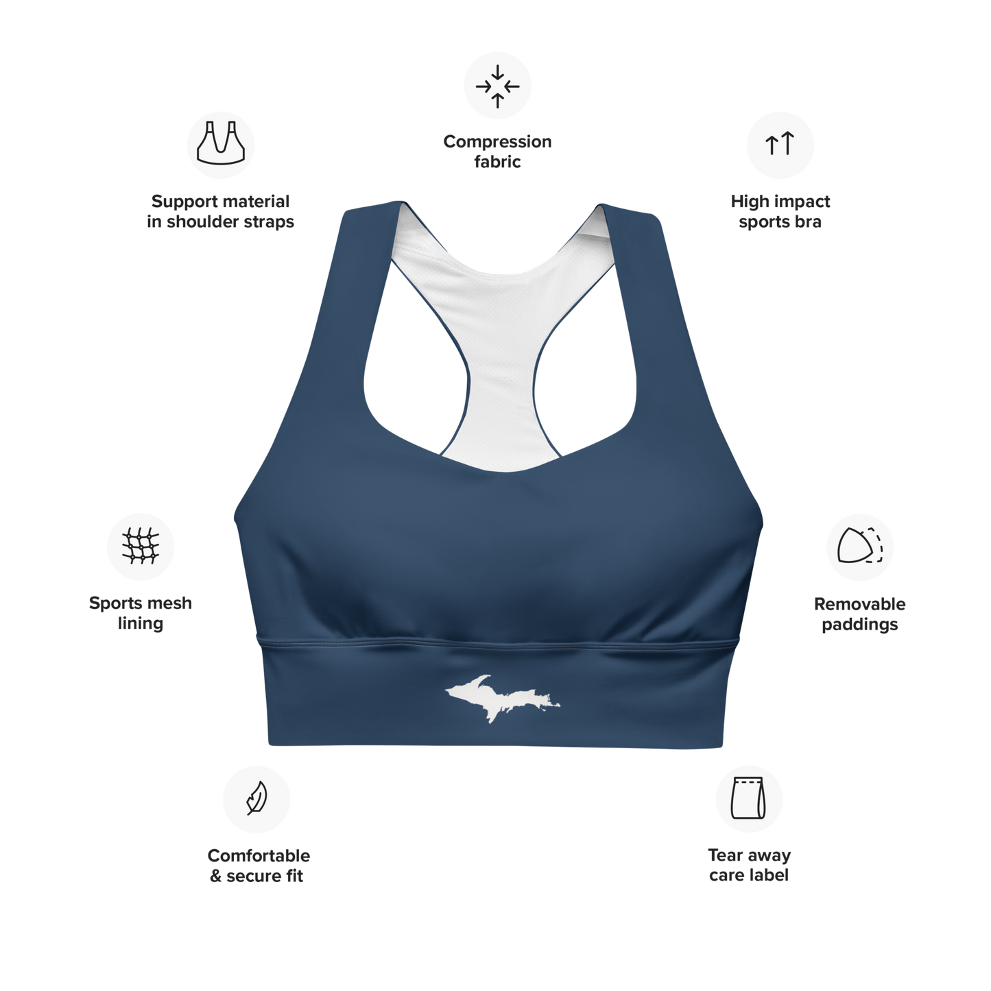 Michigan Upper Peninsula Longline Sports Bra (w/ UP Outline) | Navy