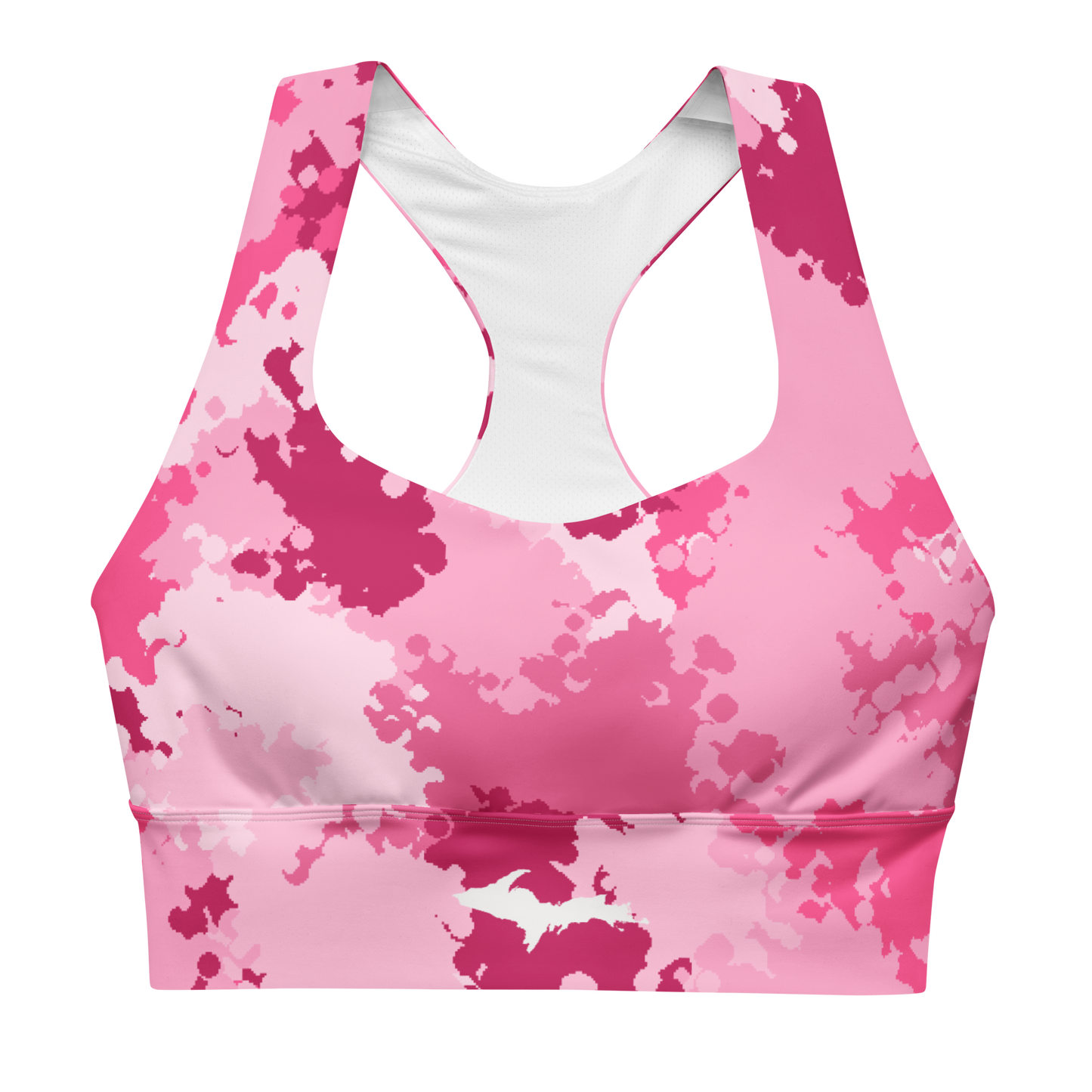 Michigan Upper Peninsula Longline Sports Bra (w/ UP Outline) | Pink Camo