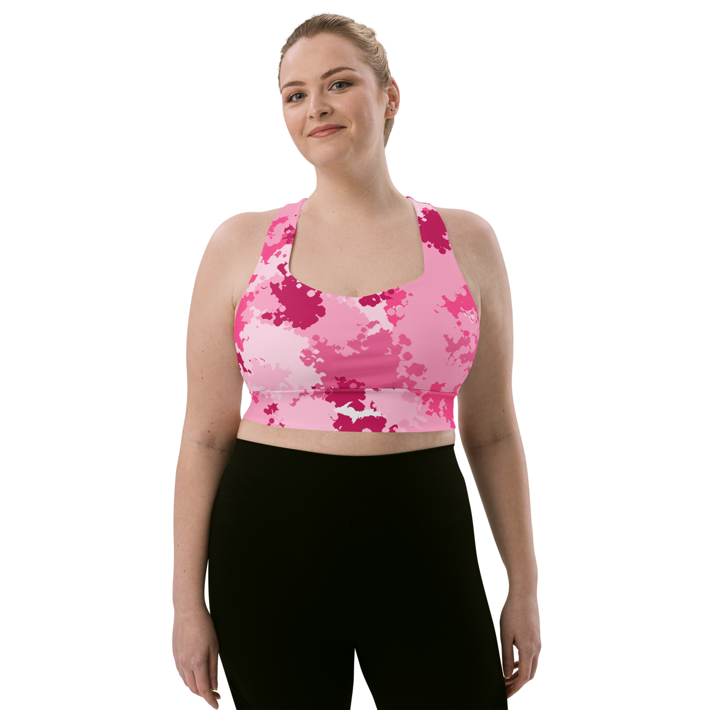 Michigan Upper Peninsula Longline Sports Bra (w/ UP Outline) | Pink Camo