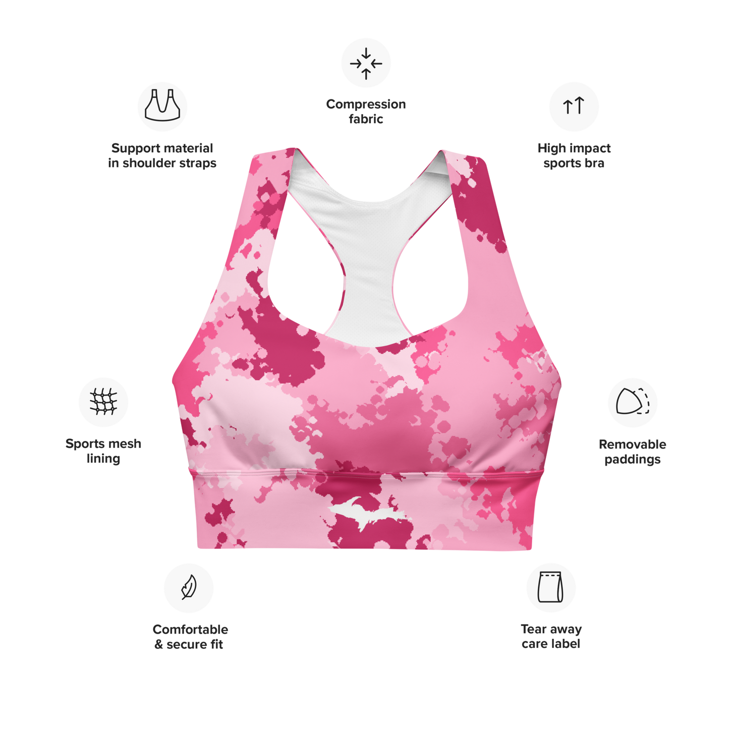 Michigan Upper Peninsula Longline Sports Bra (w/ UP Outline) | Pink Camo