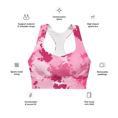 Michigan Upper Peninsula Longline Sports Bra (w/ UP Outline) | Pink Camo