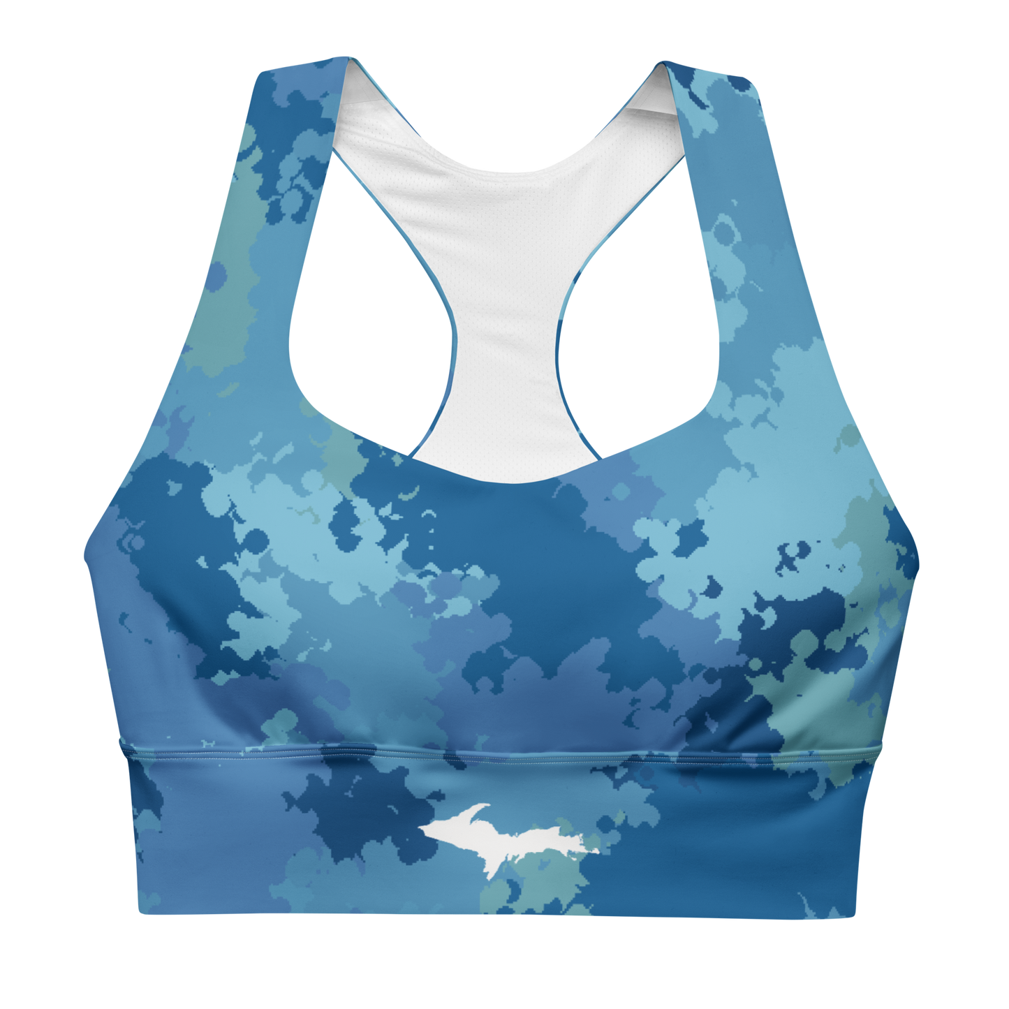 Michigan Upper Peninsula Longline Sports Bra (w/ UP Outline) | Great Lakes Camo