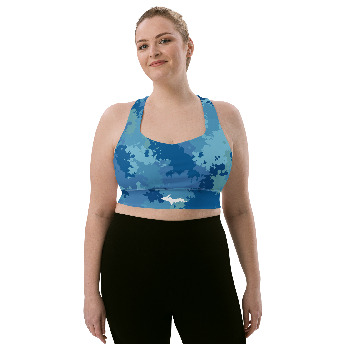 Michigan Upper Peninsula Longline Sports Bra (w/ UP Outline) | Great Lakes Camo