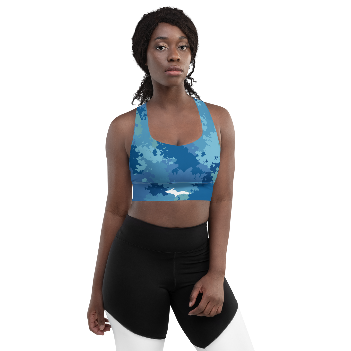 Michigan Upper Peninsula Longline Sports Bra (w/ UP Outline) | Great Lakes Camo