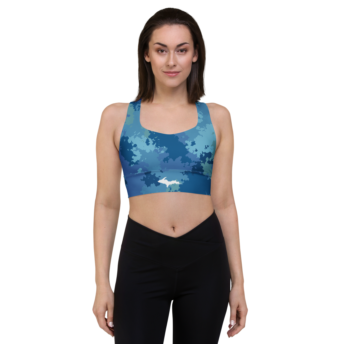 Michigan Upper Peninsula Longline Sports Bra (w/ UP Outline) | Great Lakes Camo