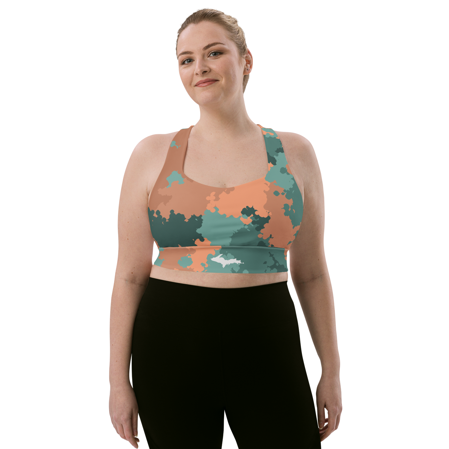 Michigan Upper Peninsula Longline Sports Bra (w/ UP Outline) | Copper County Camo