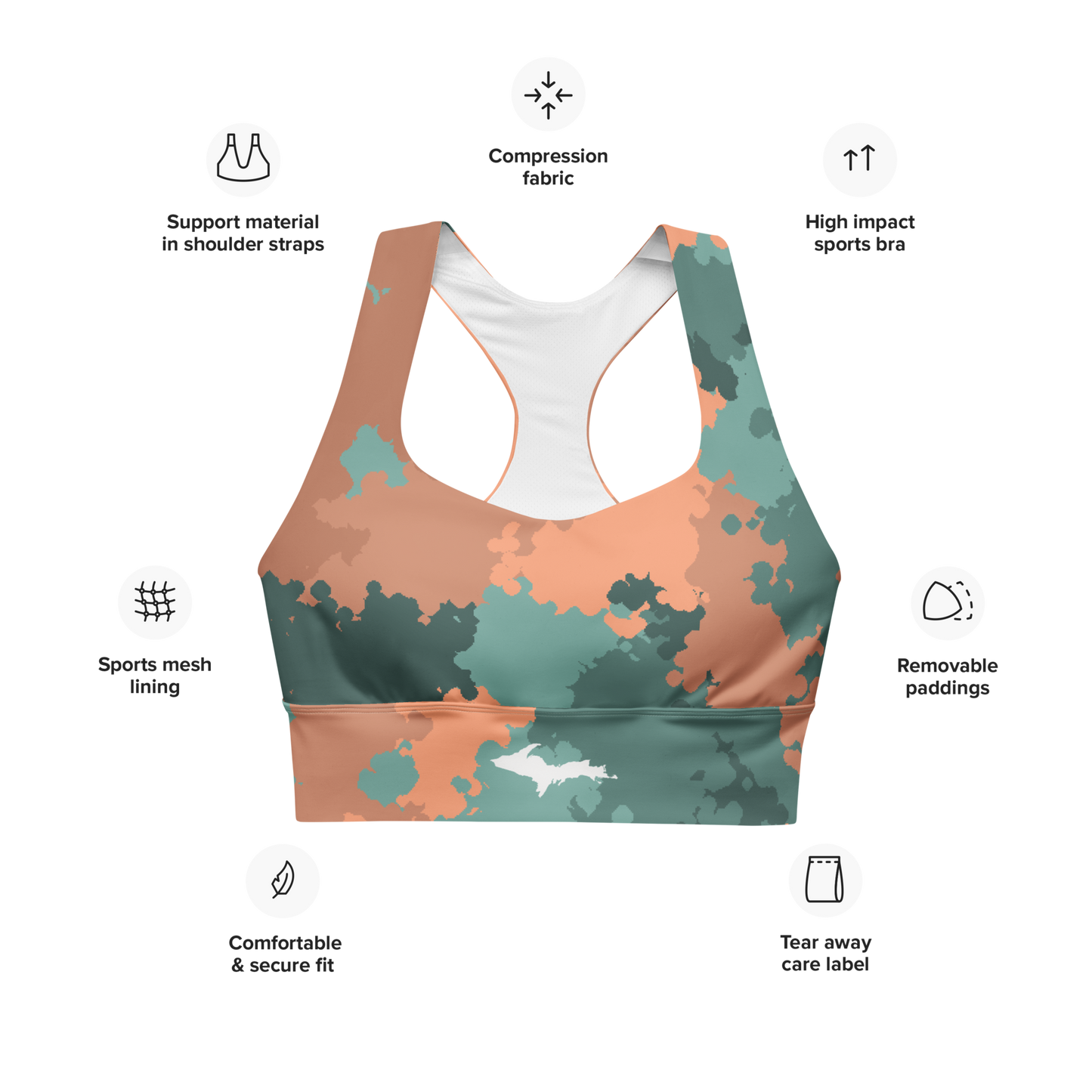 Michigan Upper Peninsula Longline Sports Bra (w/ UP Outline) | Copper County Camo