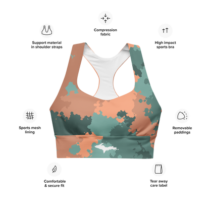 Michigan Upper Peninsula Longline Sports Bra (w/ UP Outline) | Copper County Camo