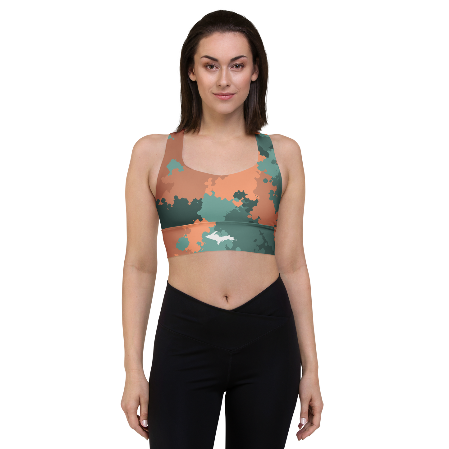 Michigan Upper Peninsula Longline Sports Bra (w/ UP Outline) | Copper County Camo