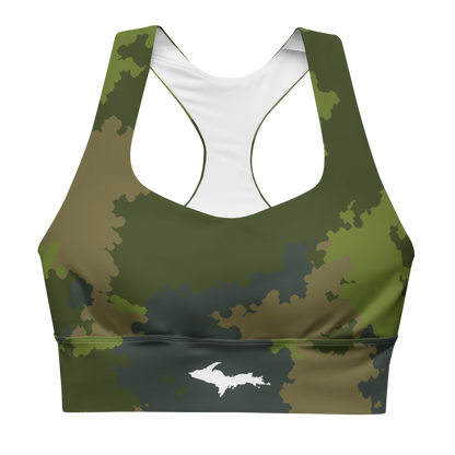 Michigan Upper Peninsula Longline Sports Bra (w/ UP Outline) | Woodland Camo