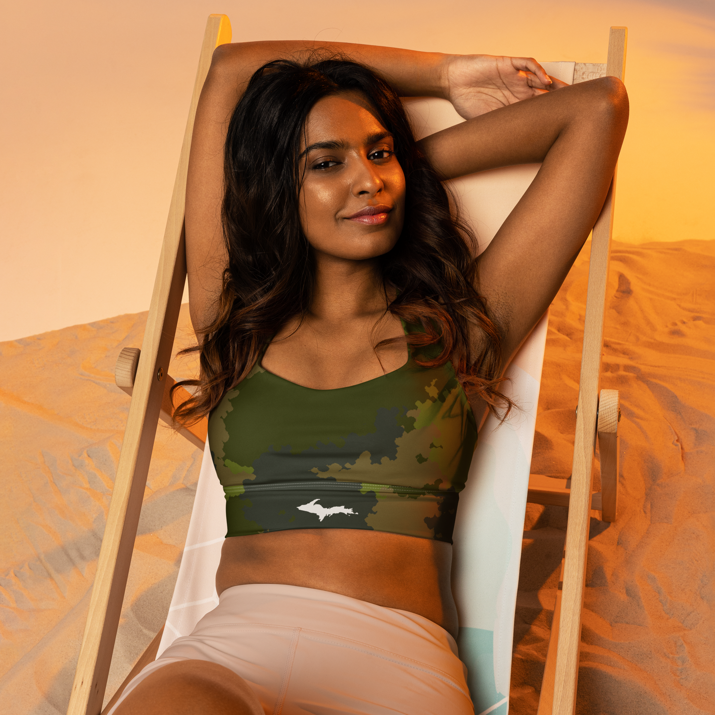 Michigan Upper Peninsula Longline Sports Bra (w/ UP Outline) | Woodland Camo