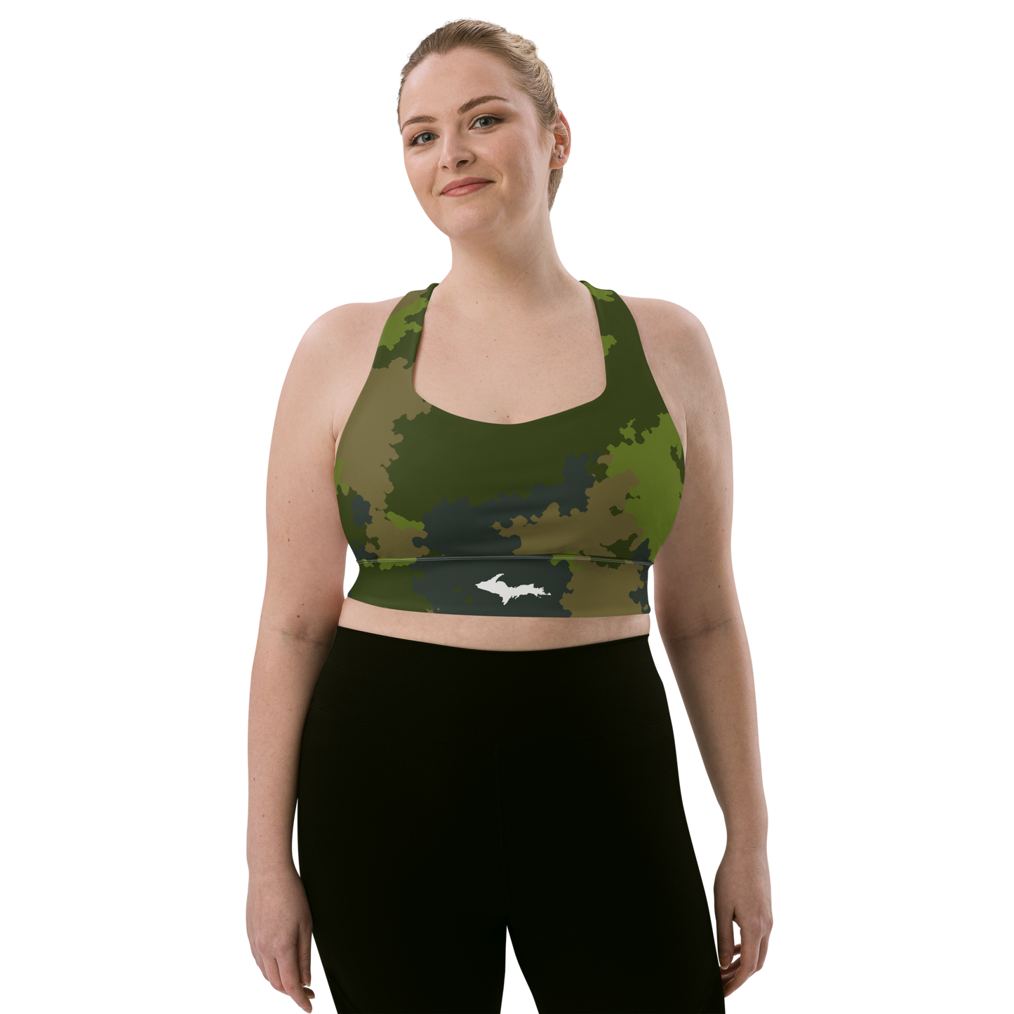 Michigan Upper Peninsula Longline Sports Bra (w/ UP Outline) | Woodland Camo